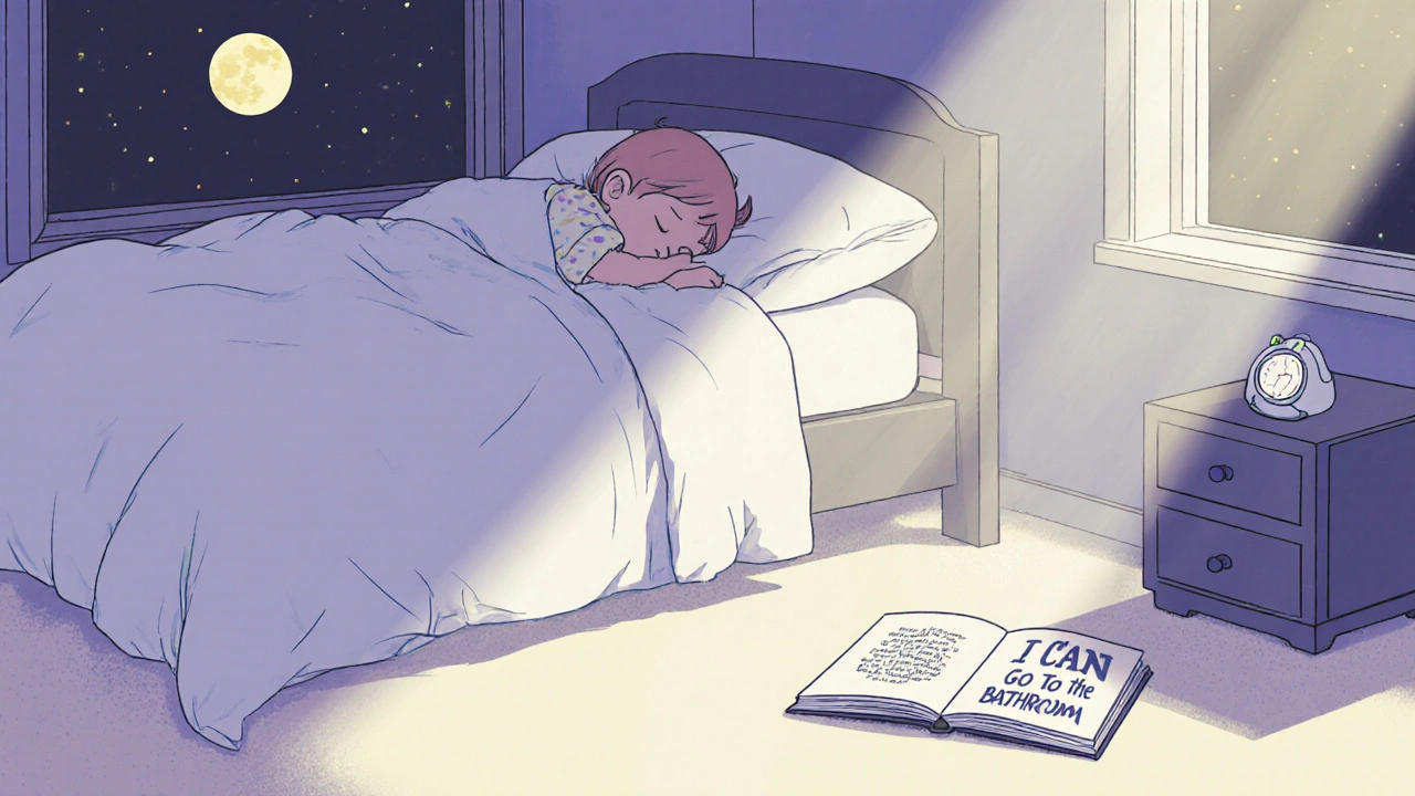 Dítě spí v posteli, na nočním stolku svítí alarm na močení a na zemi leží kniha.