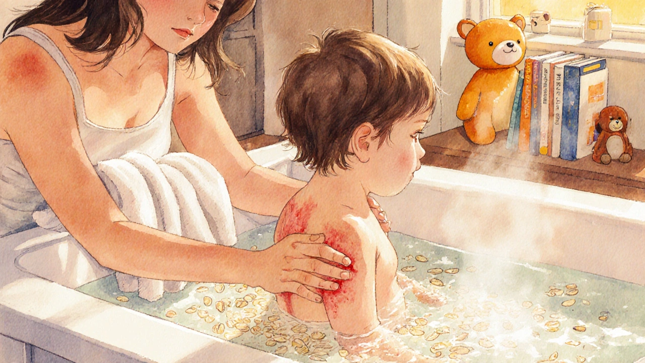 Matka jemně osušuje dítě po koupeli s ovsem ve vodě, teplé osvětlení a klidná atmosféra.