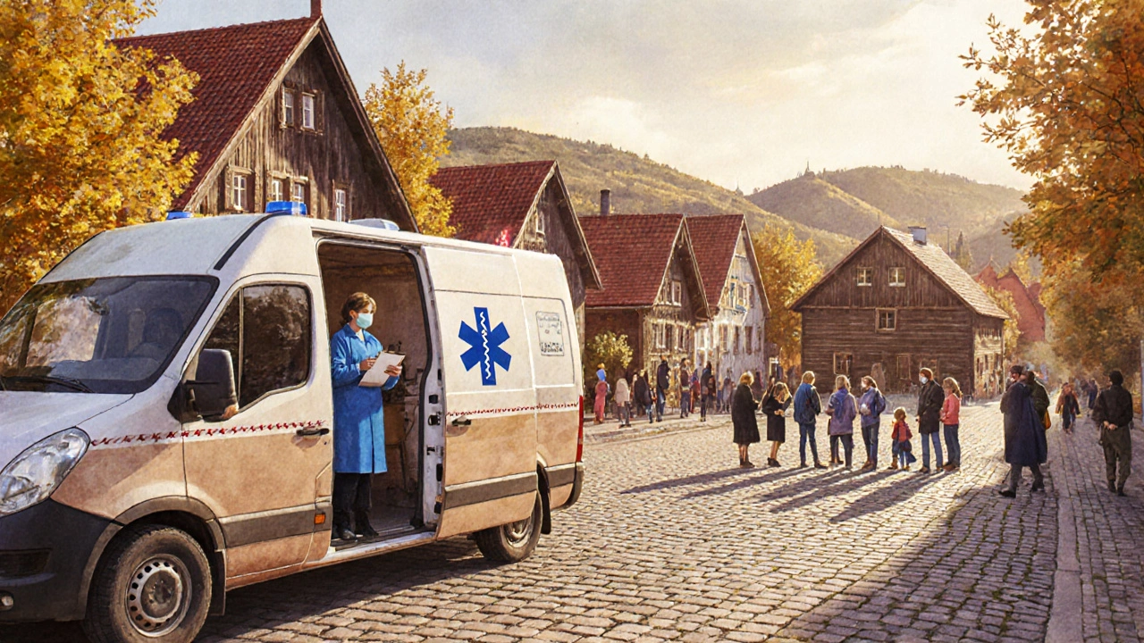 Mobilní očkovací vozidlo v venkovské vesnici s čekajícími rodinami.