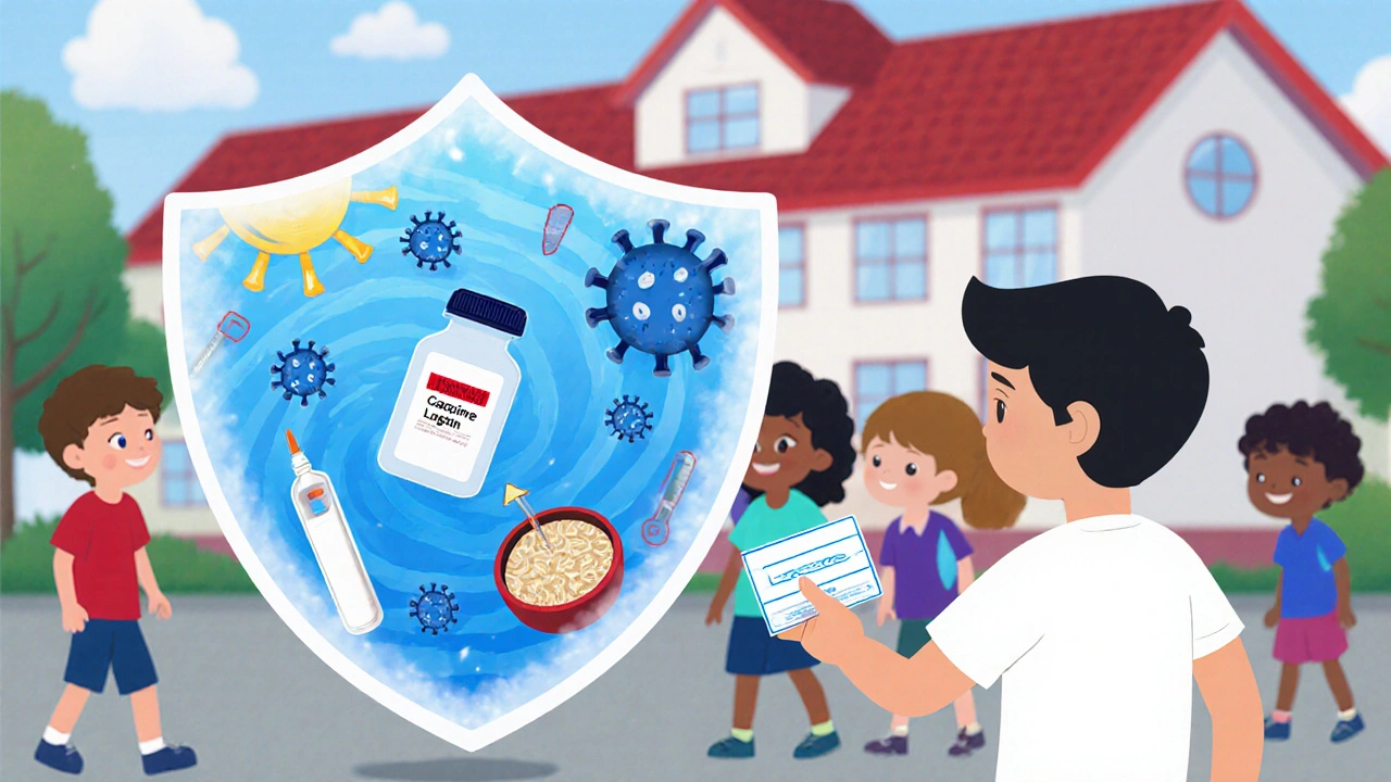 Štít z léčivých prvků chrání děti před viry, v popředí dítě s očkovací kartou.