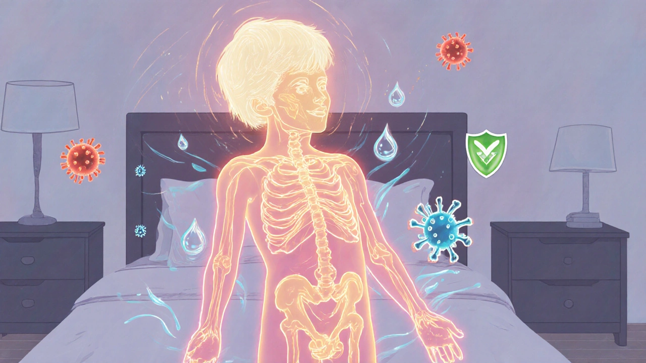 Abstraktní obrázek dítěte s proudy chladu a vody kolem těla, symbolizující odhorečení.