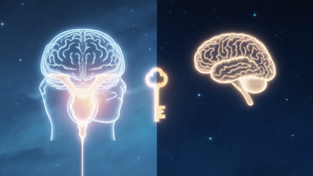 Abstraktní obrázek mozku a močového měchýře spojených světelnou cestou, symbolizující vývoj kontroly.