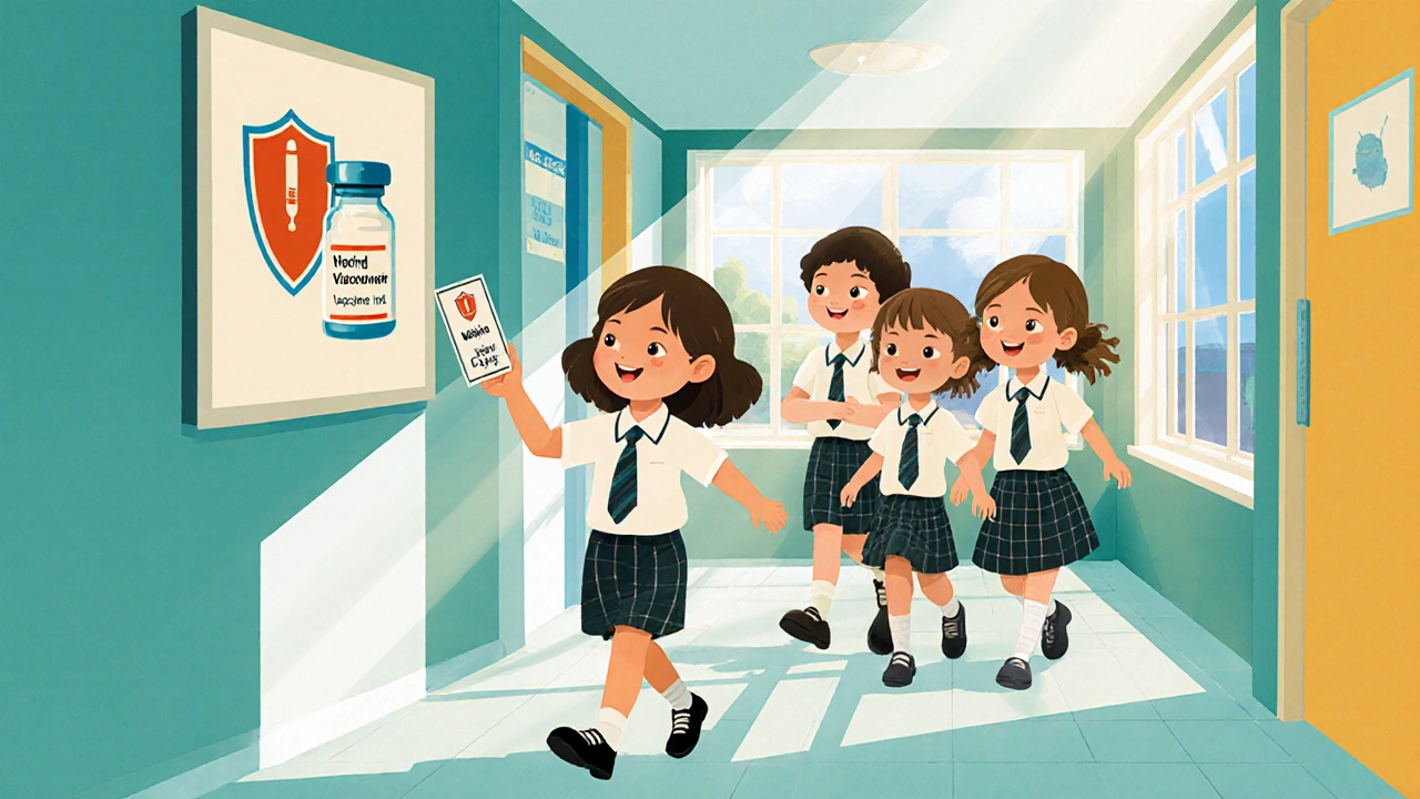 Děti v školní uniformě představují očkovací karty, symbolizující druhou dávku MMR.