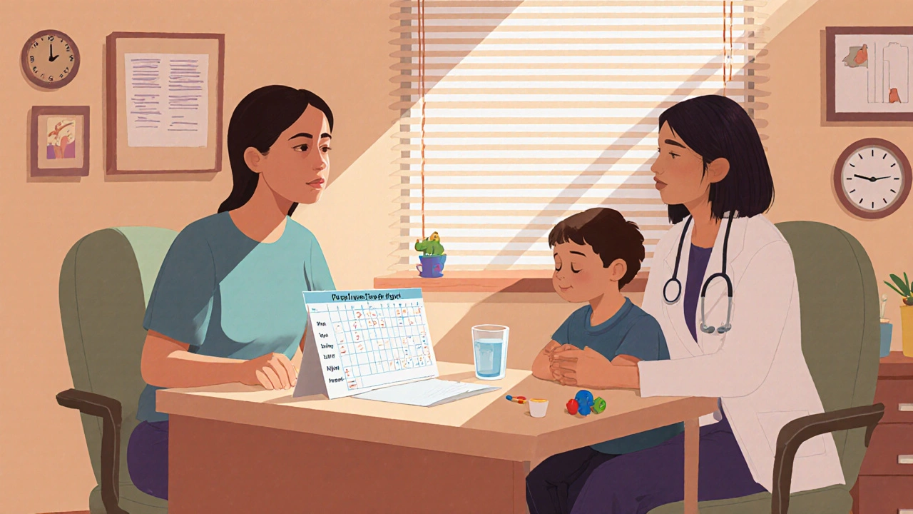 Dětský lékař konzultuje s matkou a dítětem papírový záznam nočních močení v klidné ordinaci.