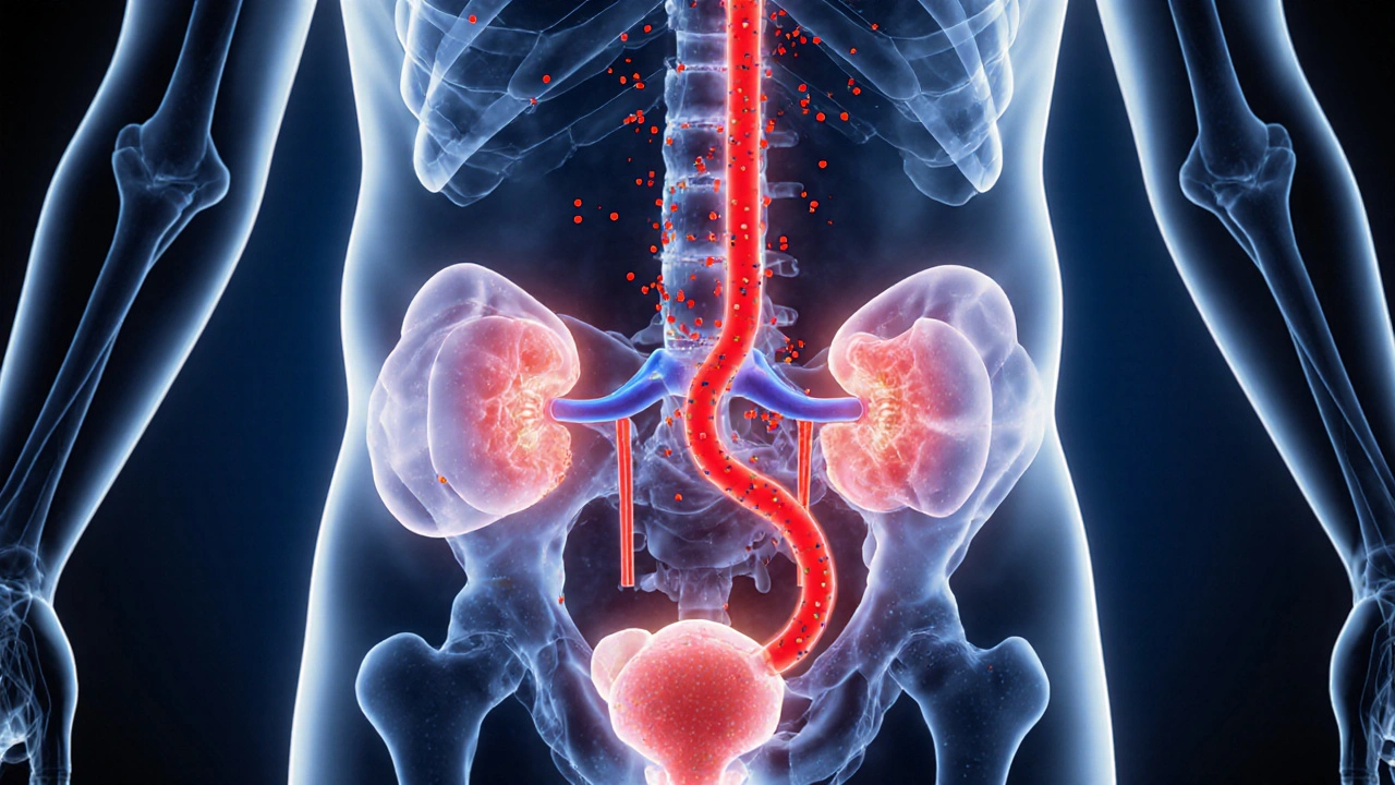 Diagram ukazuje infekci bakterií E. coli šířící se z močového měchýře do ledvin.