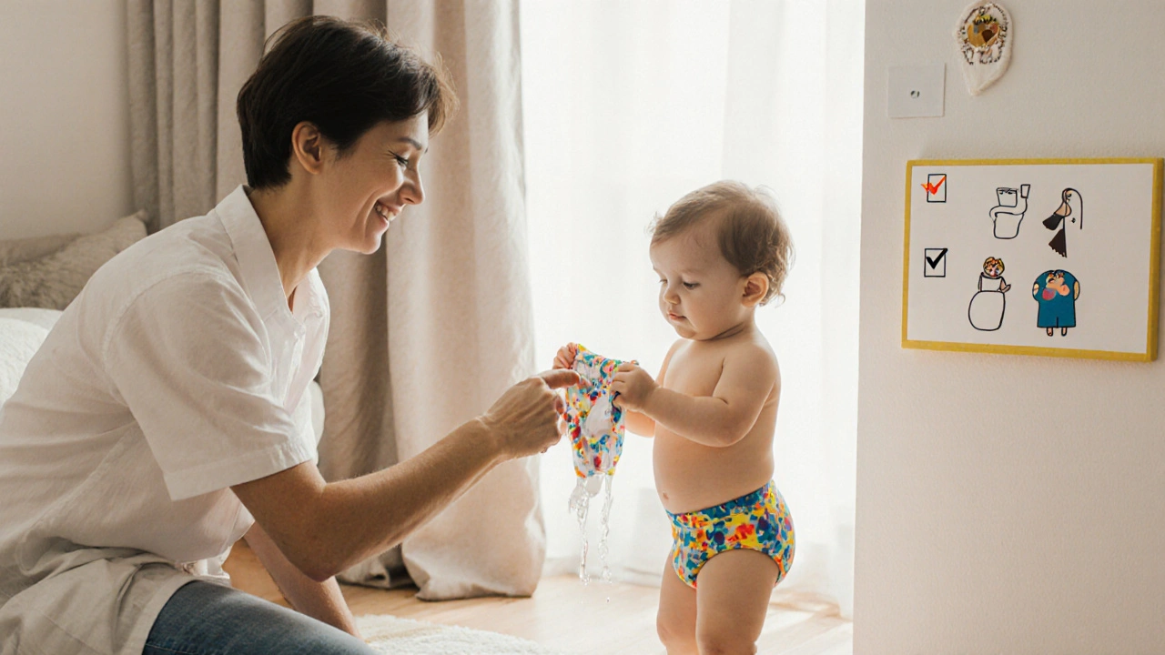 Dítě drží mokré spodní prádlo, rodič s ním mluví a ukazuje na kontrolní seznam