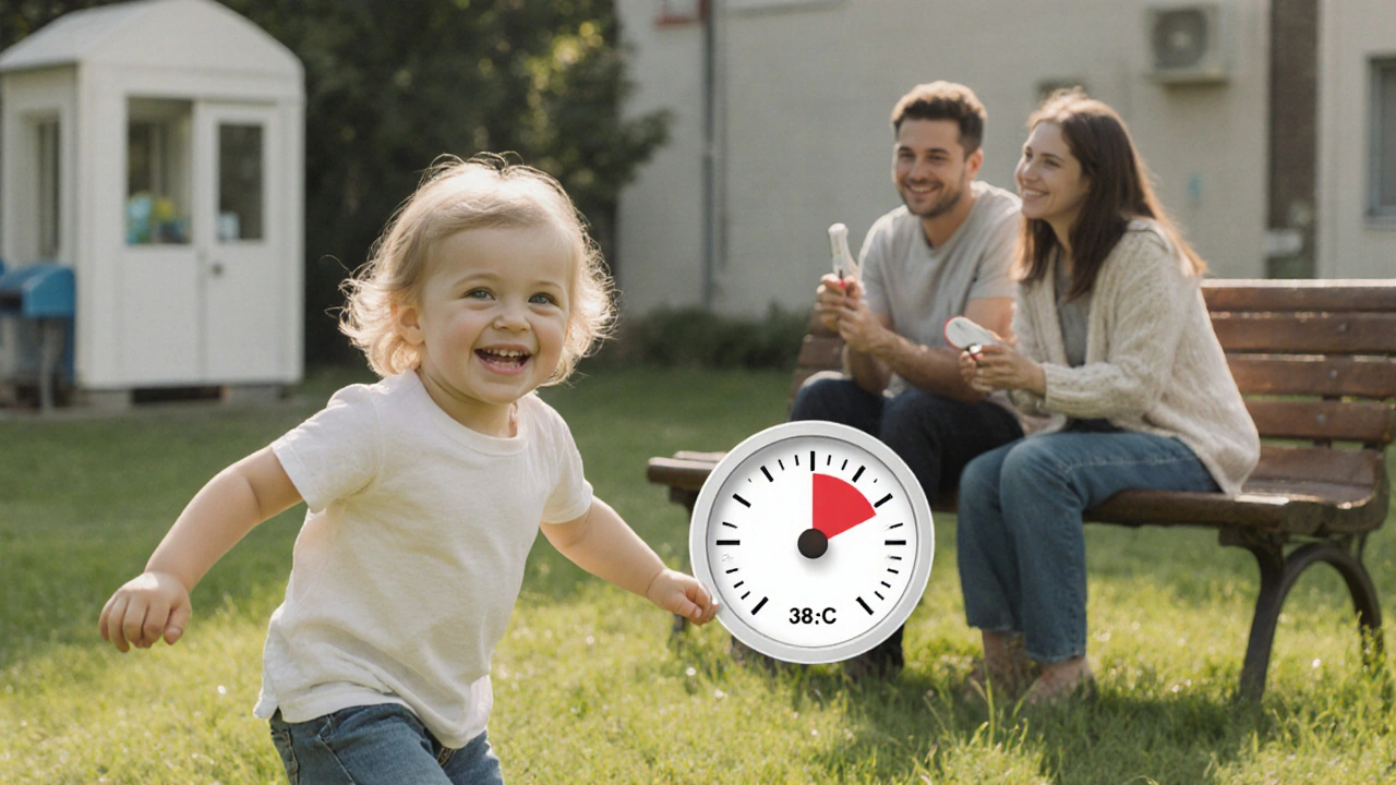 Dítě hraje na hřišti při horečce 38,2 °C, rodič ho pozoruje z dálky.