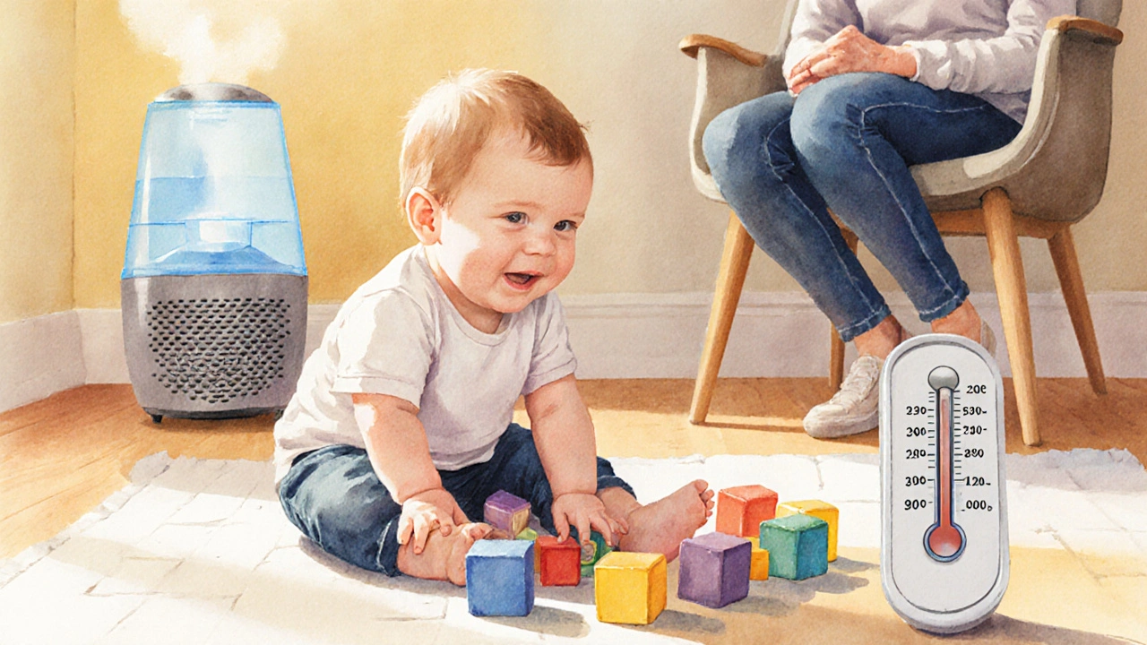 Dítě hraje s klasickými kostkami, mírná horečka, teplé odpolední světlo.