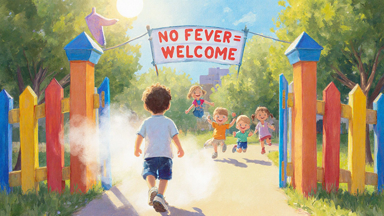 Dítě jde do školky s lehkým kašlem, oblak kašle se rozptyluje, ostatní děti hrají ve slunci.