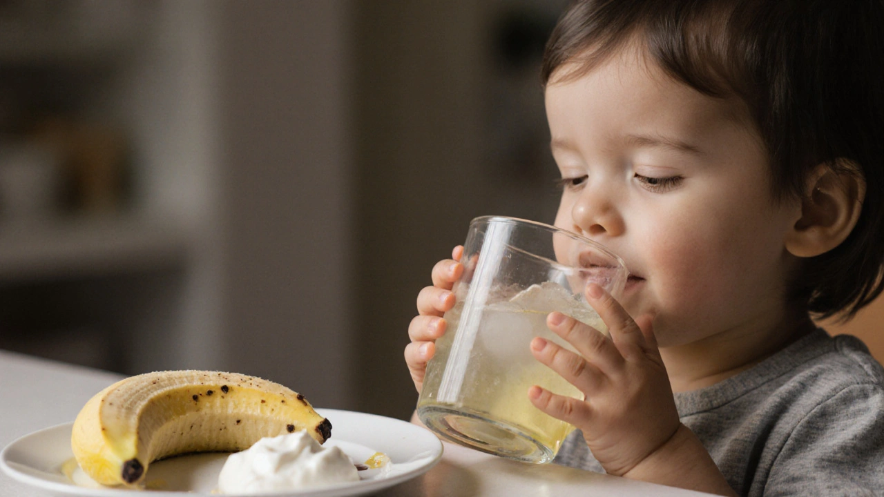 Dítě pije kyselý nápoj s jahodami a jogurtem na talíři.