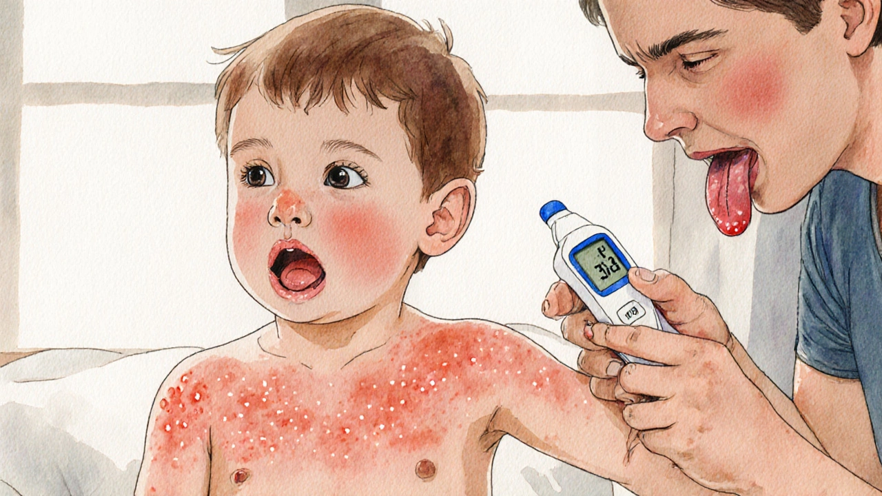 Dítě s červenou pískovou vyrážkou na hrudi a jahodovým jazykem, rodič se ho dotýká v pokoji.