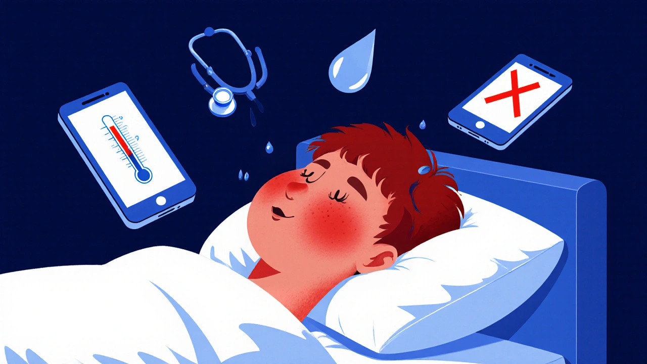 Dítě s horečkou, okolo něj plavou symboly chybného měření teploty telefonem a spolehlivého teploměru.