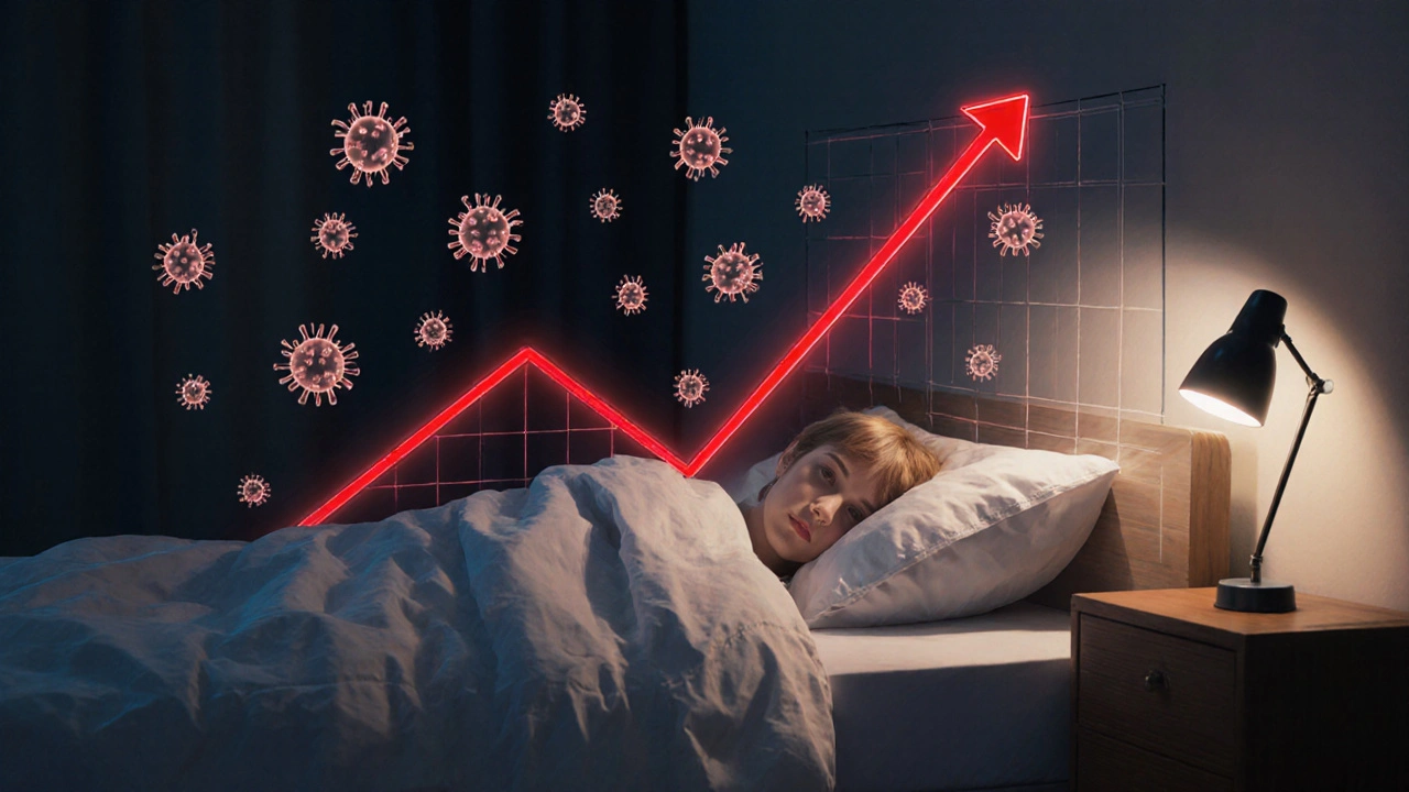Dítě s horečkou v posteli, okolo něj plavou virové částice a stoupající teplota.