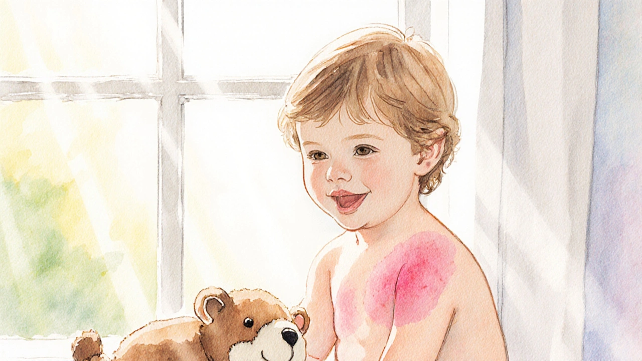 Dítě s jemnou růžovou vyrážkou na hrudi hraje se hračkou, slunce osvětluje pokoj.