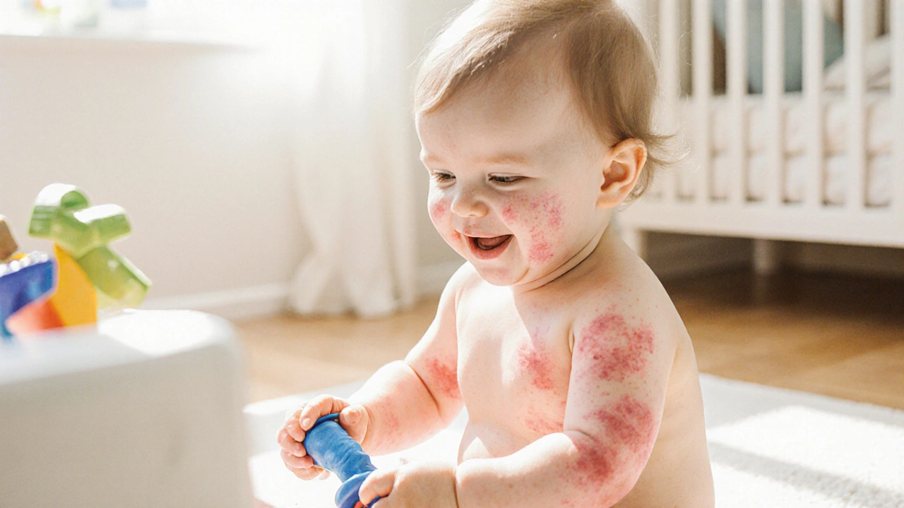 Dítě s jemnou růžovou vyrážkou na těle hraje v slunečné ložnici, bez příznaků svědění.