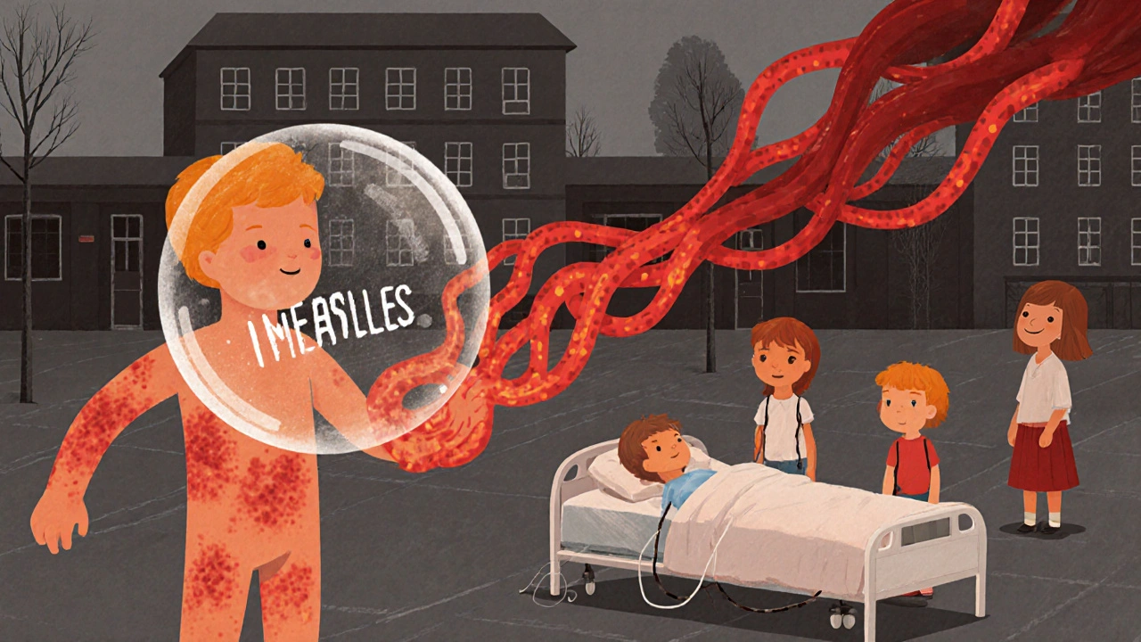 Dítě s spalničkami s červenými proužky se táhne k jiným dětem, jedno je chráněno, jiné nemocné.