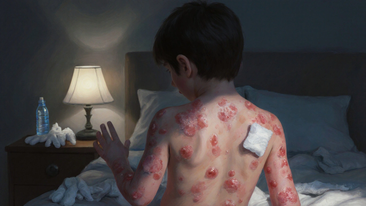 Dítě s varicelou, červené skvrny se mění v puchýřky, ruka drží chladný obklad v tiché ložnici.