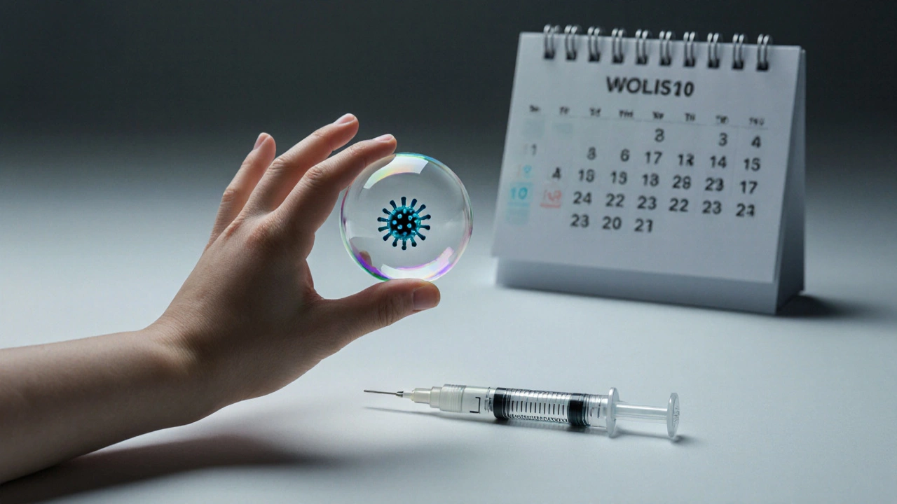 Dítě se dotýká mýdlové bubliny, která odráží virus, vedle ní injekční stříkačka a kalendář s očkováním.