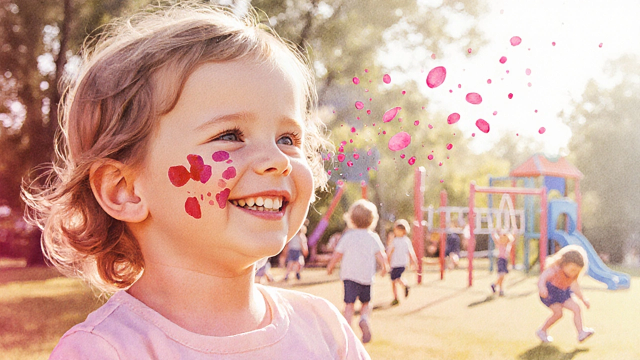 Dítě se směje, když vyrážka mizí, za ním viditelné děti hrají na hřišti.