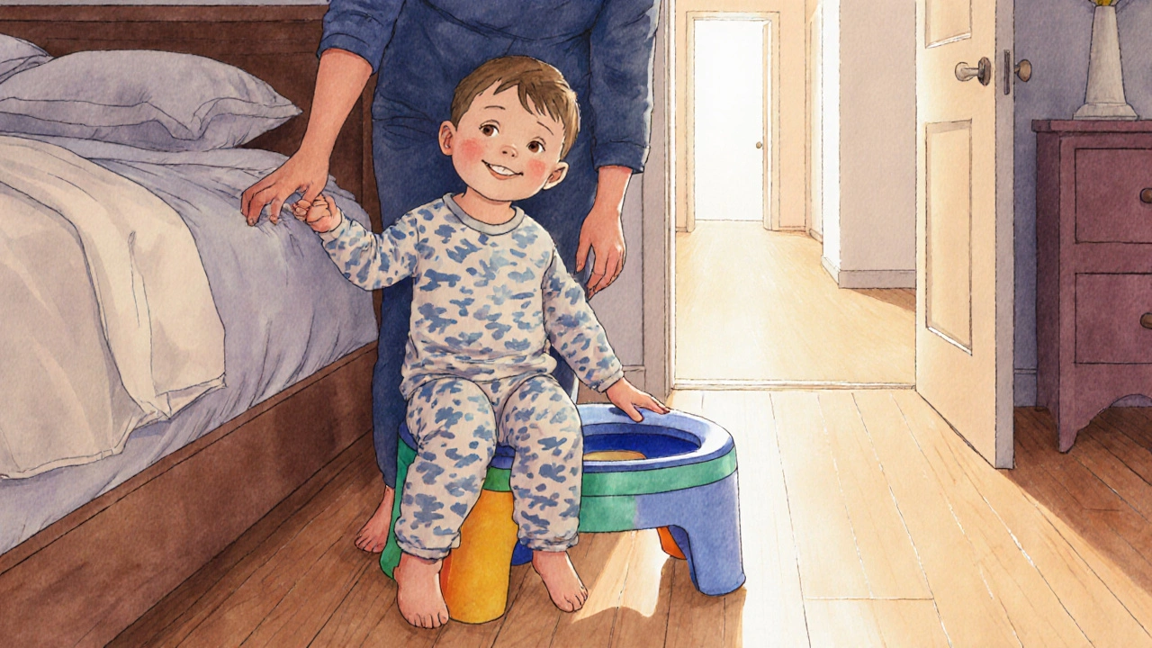 Dítě sedí na nočníku, rodič stojí vedle s podporující gestem, jemné osvětlení z chodby.