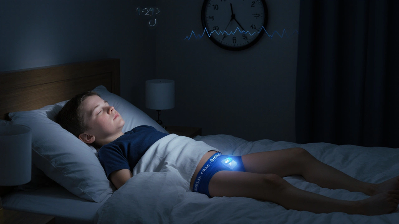 Dítě spí v nočních kalhotkách s jemně svítícím močovým alarmem.