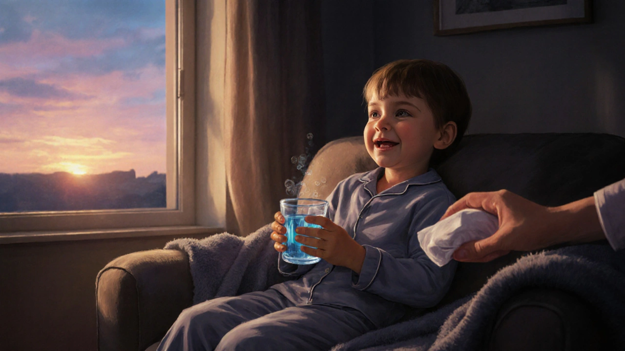 Dítě v lehkém oblečení pije elektrolyt, okno otevřené, klidná atmosféra ve dne.