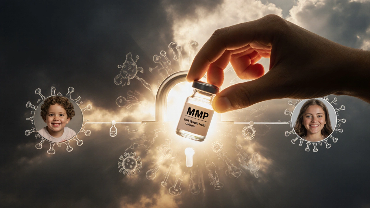 Dítě vkládá očkovací lahvičku do zámku tvořeného viry, symbolizující prevenci.