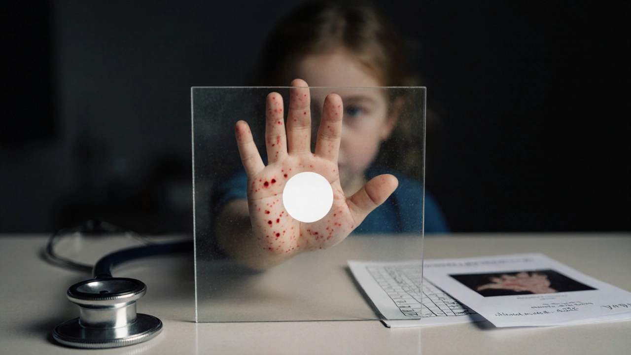 Dítěte ruka na sklenici, nezmizící skvrny ukazují na vážnou infekci, vedle stethoskop a deník.