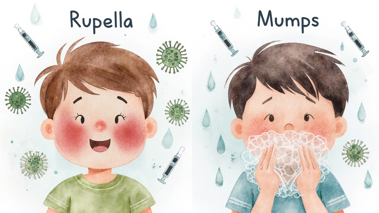 Dvě scény: dítě s vyrážkou a dítě s jen nafouknutými tvářemi, symbolizující různé infekce.