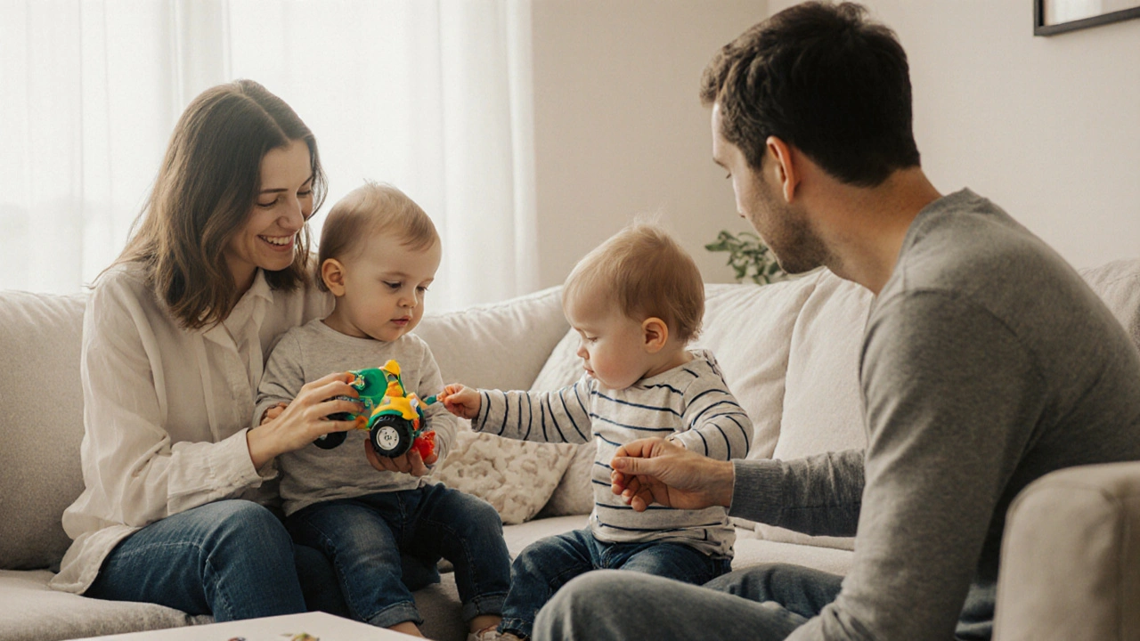 Dvojčata mají každé samostatně čas s rodičem, hrají s hračkami bez obrazovek.