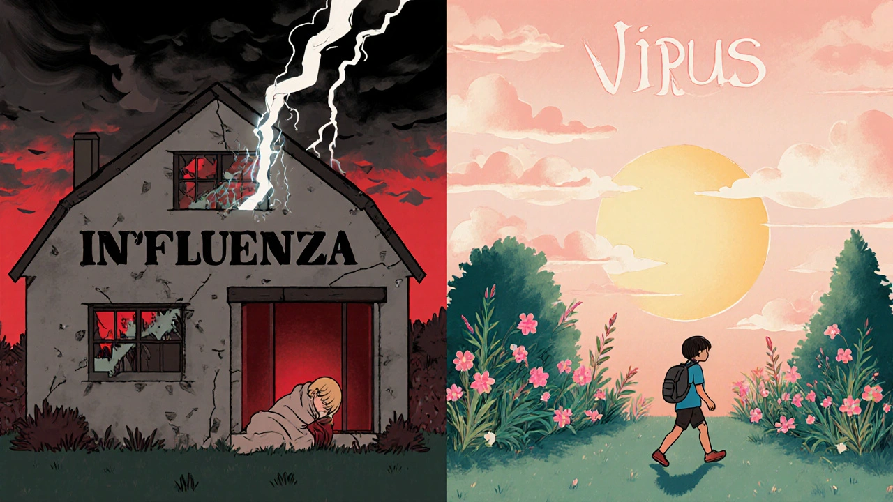 Dvoučástný obraz: bouřka u chřipky vs. klidné ráno u virózy.