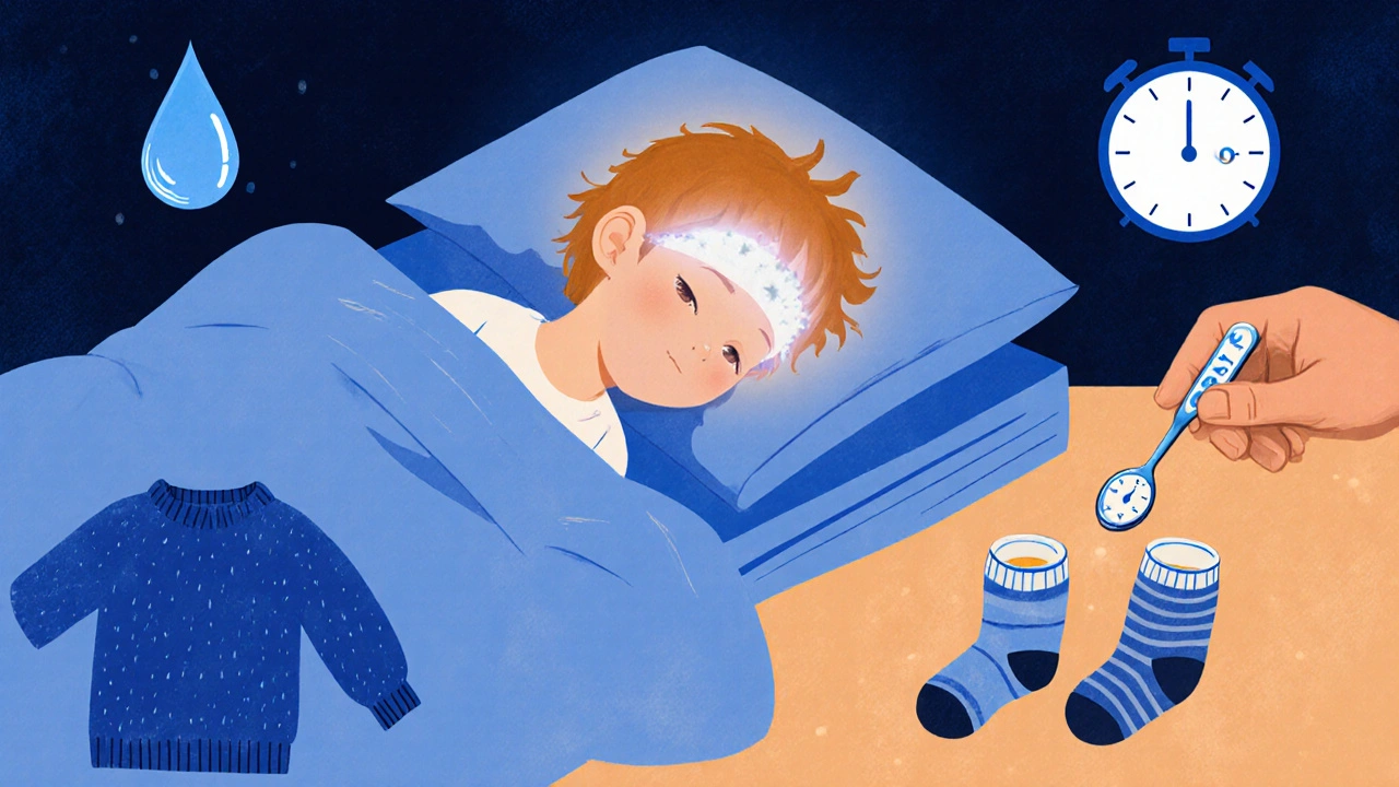 Horečnaté dítě spí pod lehkou přikrývkou, kolem něj symbolické prvky horečky a hydratace.