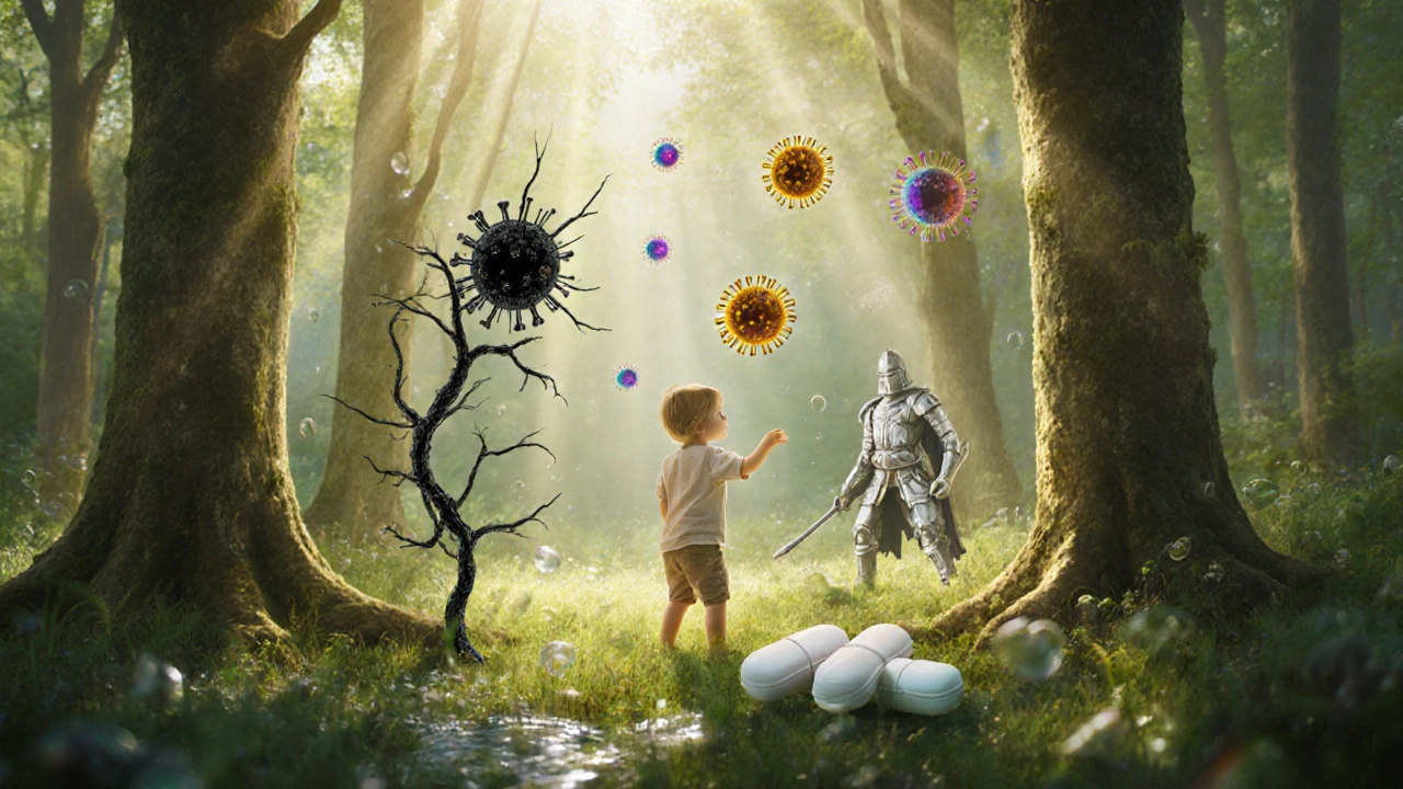 Koncepční obraz imunitního systému jako lesa, kde virus neškodí a antibiotika jsou odmítnuta.