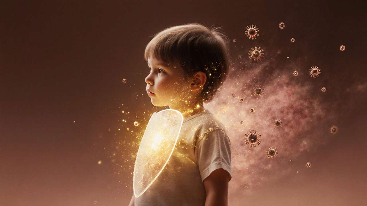 Koncepční obrázek imunitního štítu dítěte, který rozpadá virové částice, s jemnou vyrážkou jako pamětí.