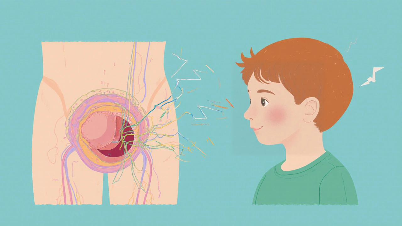Křížový řez břicha dítěte ukazující hyperaktivní močový měchýř a nezralé nervové spojení.