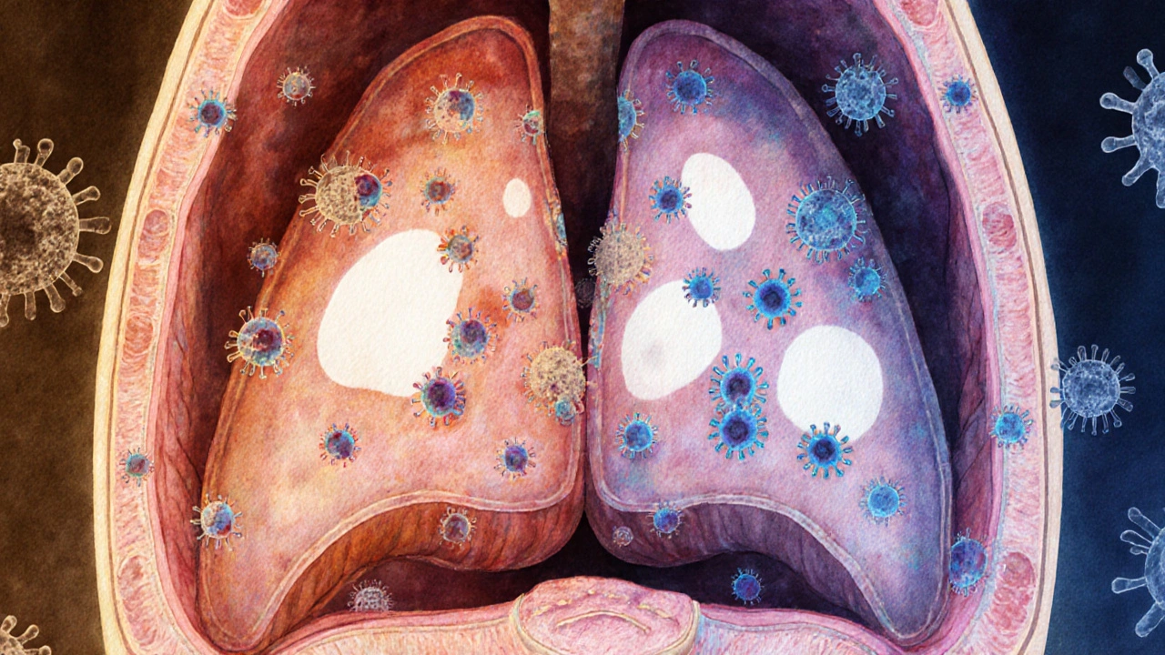 Křížový řez hrtanu s imunitními buňkami bojujícími proti virům a mizícími bílými skvrnami.