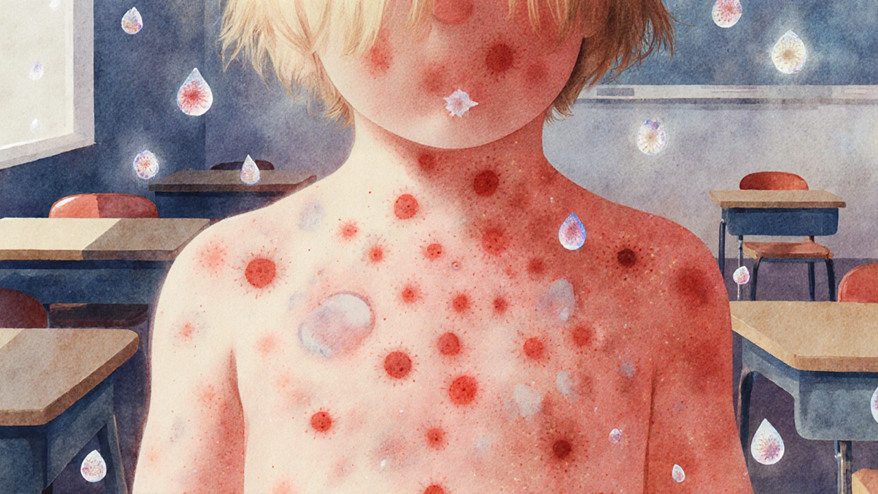 Křížový řez těla dítěte ukazuje přechod červených skvrnek na puchýřky, v pozadí prázdné lavice ve třídě.