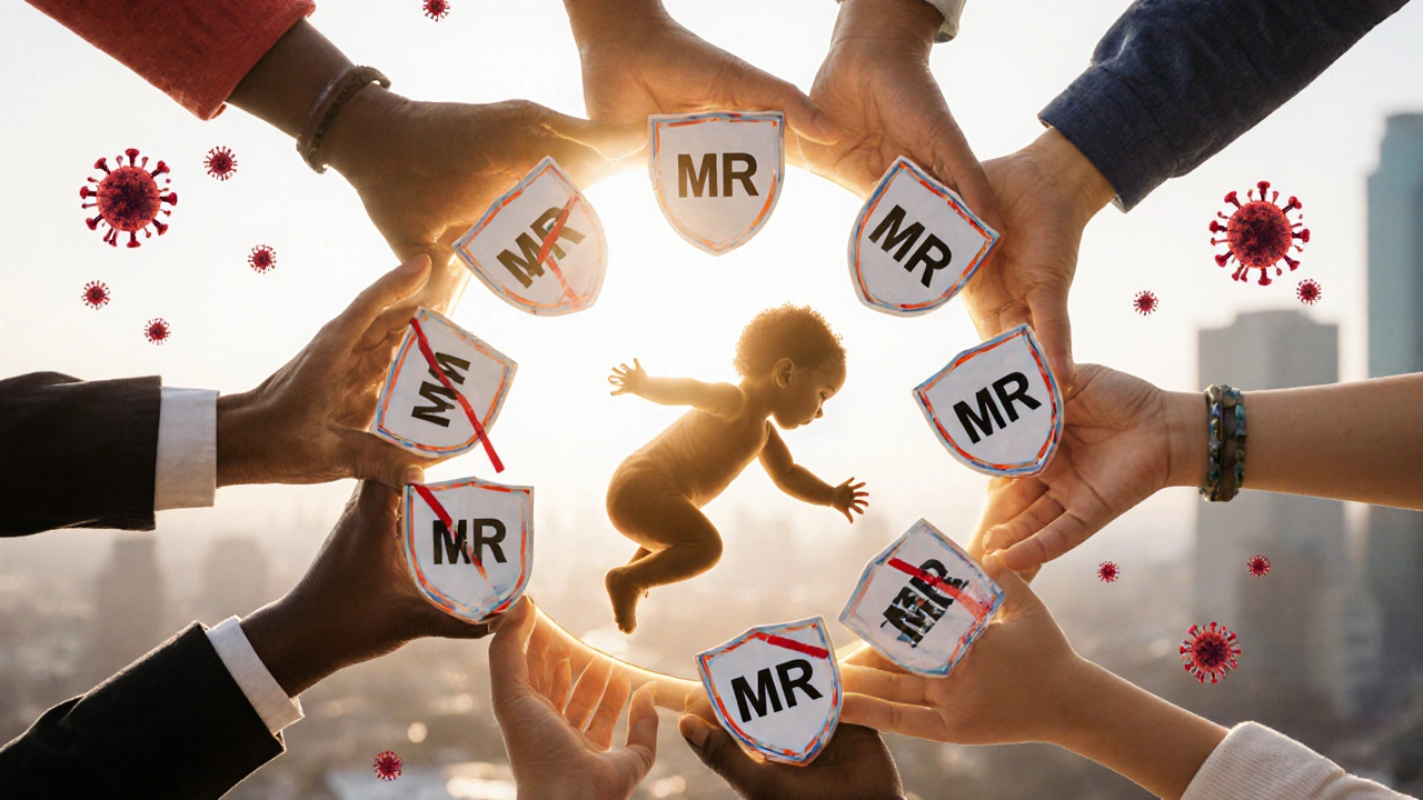 Kruh rukou chrání novorozence před viry, každá ruka má štít s označením MMR.