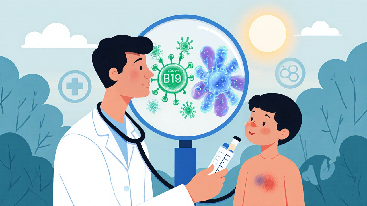 Lékař provádí rychlý test na streptokoky u dítěte s vyrážkou.