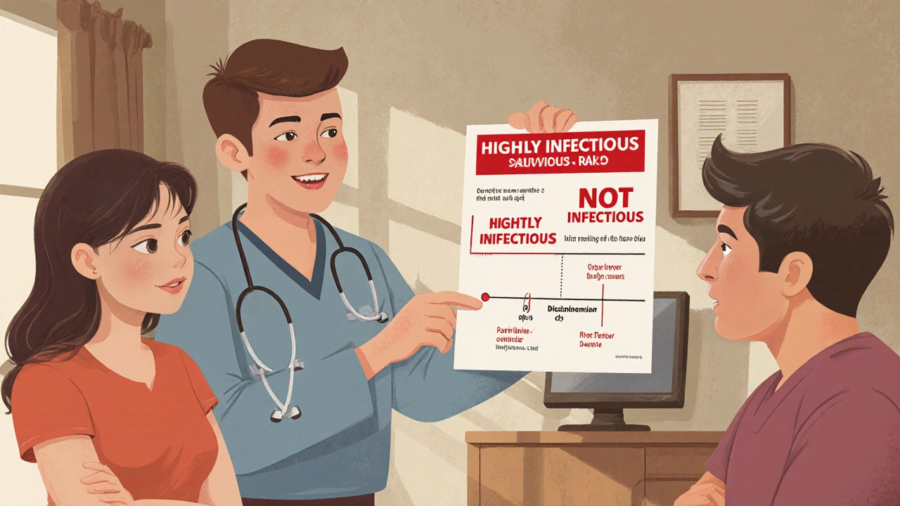 Lékař vysvětluje rodičům, kdy je pátá nemoc nakažlivá.