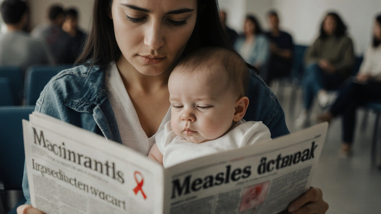 Matka drží novorozence v nemocniční čekárně, znepokojeně hledí na noviny.