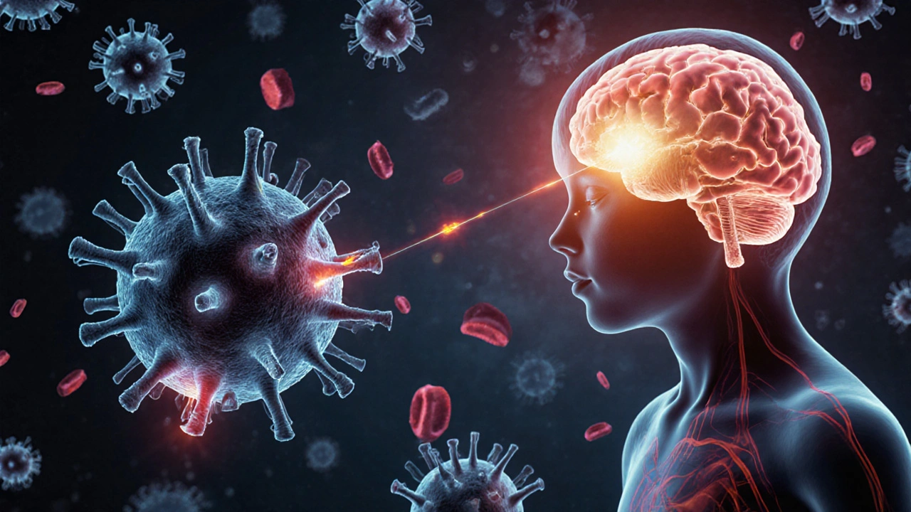 Mikroskopický pohled na imunitní buňky a hypotalamus při vzniku horečky.