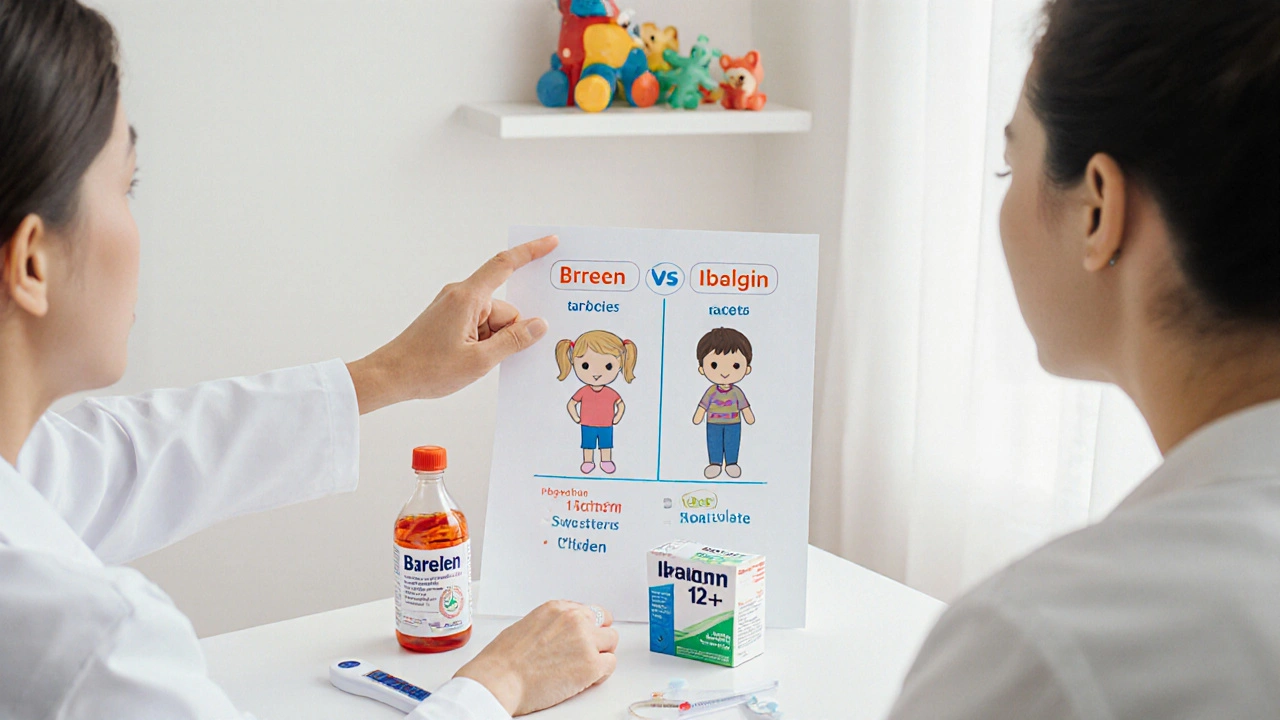 Pediátr vysvětluje rodiči rozdíl mezi Brufenem a Ibalginem v klinice.