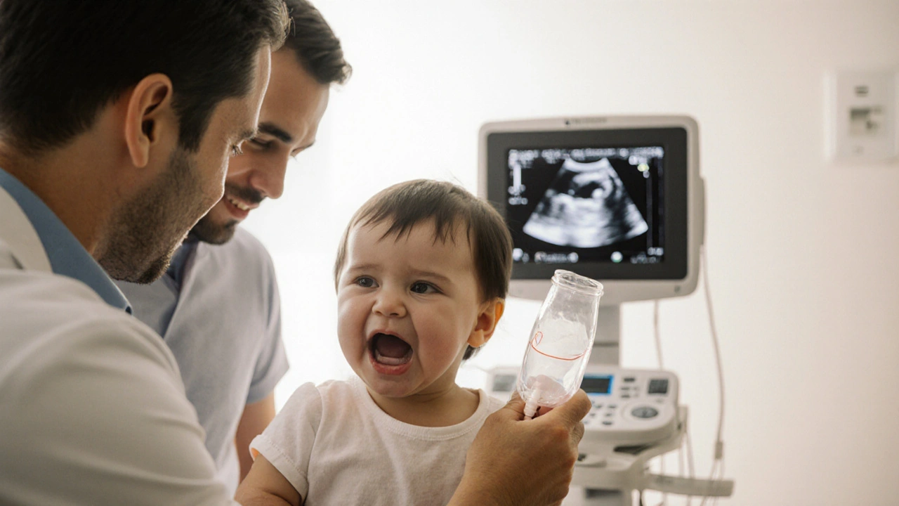 Pediatrik vyšetřuje dítě v klinice, na stole je sáček na sběr moče, v pozadí ultrazvuk.