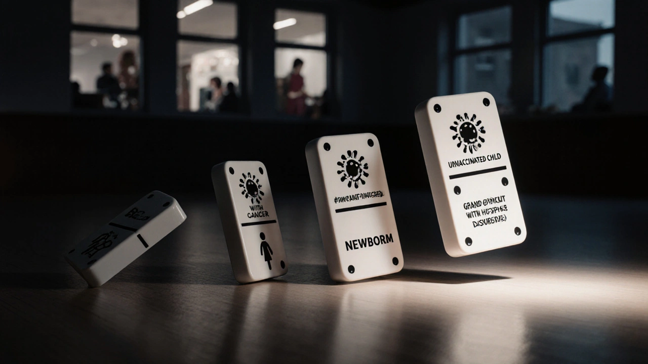 Řetězec klesajících dominových kostek označených ohroženými skupinami lidí kvůli neochkování.