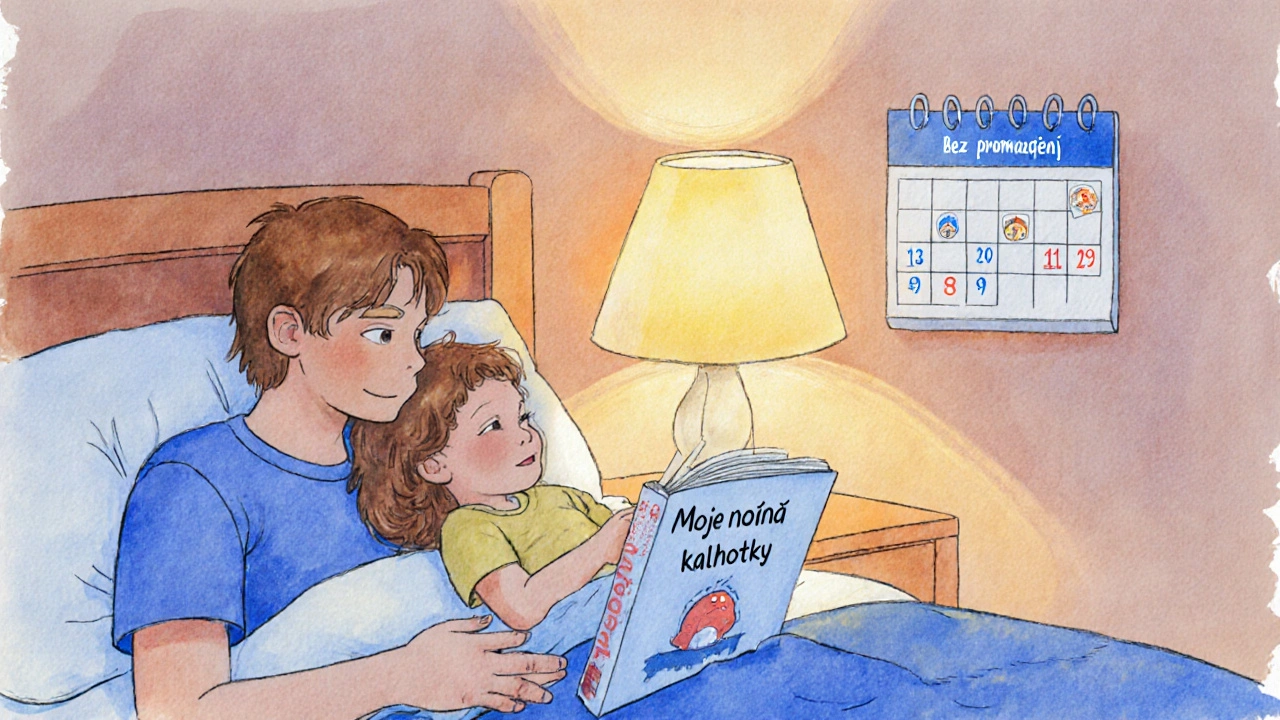 Rodič a dítě čtou knihu o nočním pomočování v posteli.