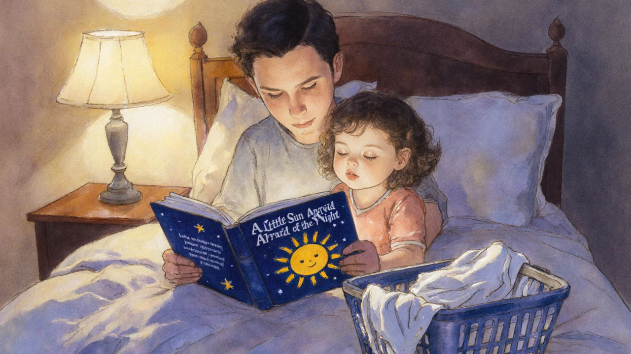 Rodič a dítě čtou příběh o slunci, vedle nich suchá postel a koš s mokrými prostěradly