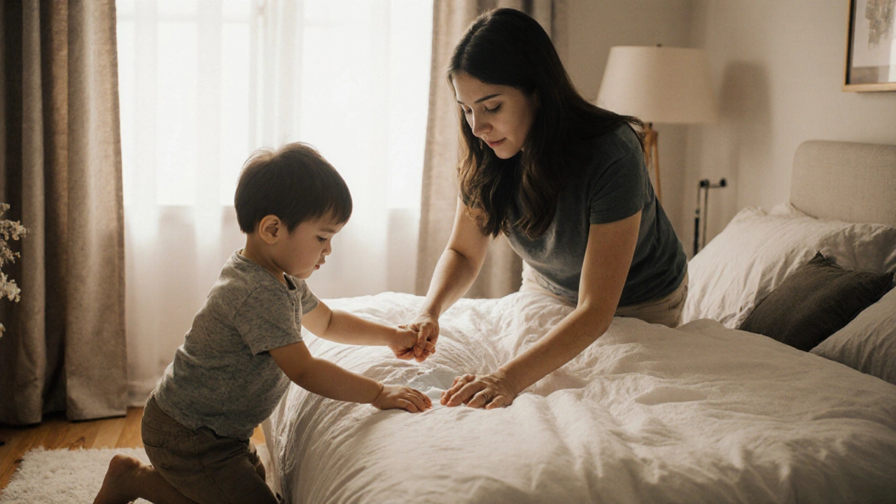 Rodič a dítě společně sbírají mokrou prostěradla s klidnou, podporující atmosférou.