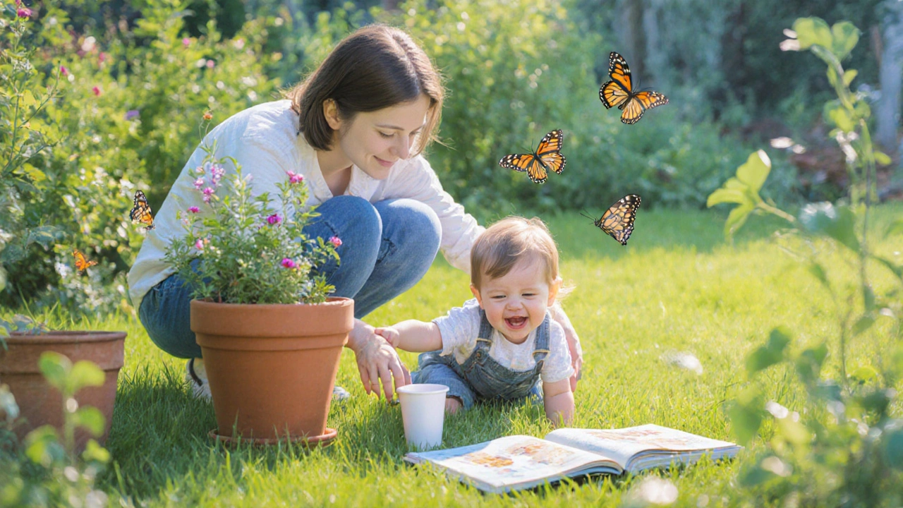 Rodič hraje s dítětem hru &#039;Kde je šálek?&#039; v zahradě, dítě se směje a táhne po šálku.