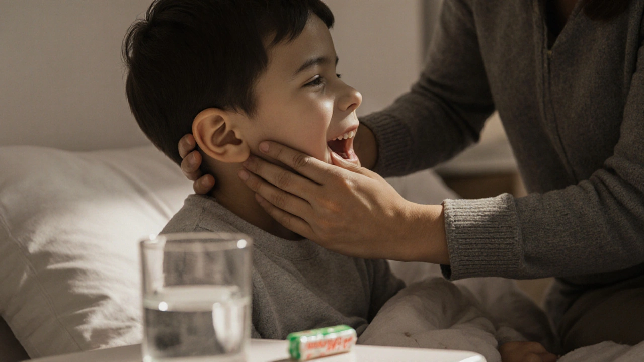 Rodič jemně masíruje oblast pod uchem dítěte.